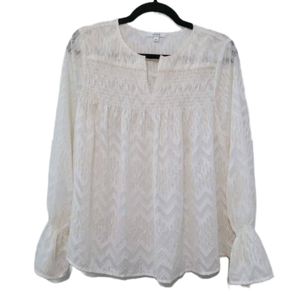 Stella & Dot Maette "Lyla" Sheer Off White‎ Chevron Metallic Blouse Top, Size M - Picture 3 of 8